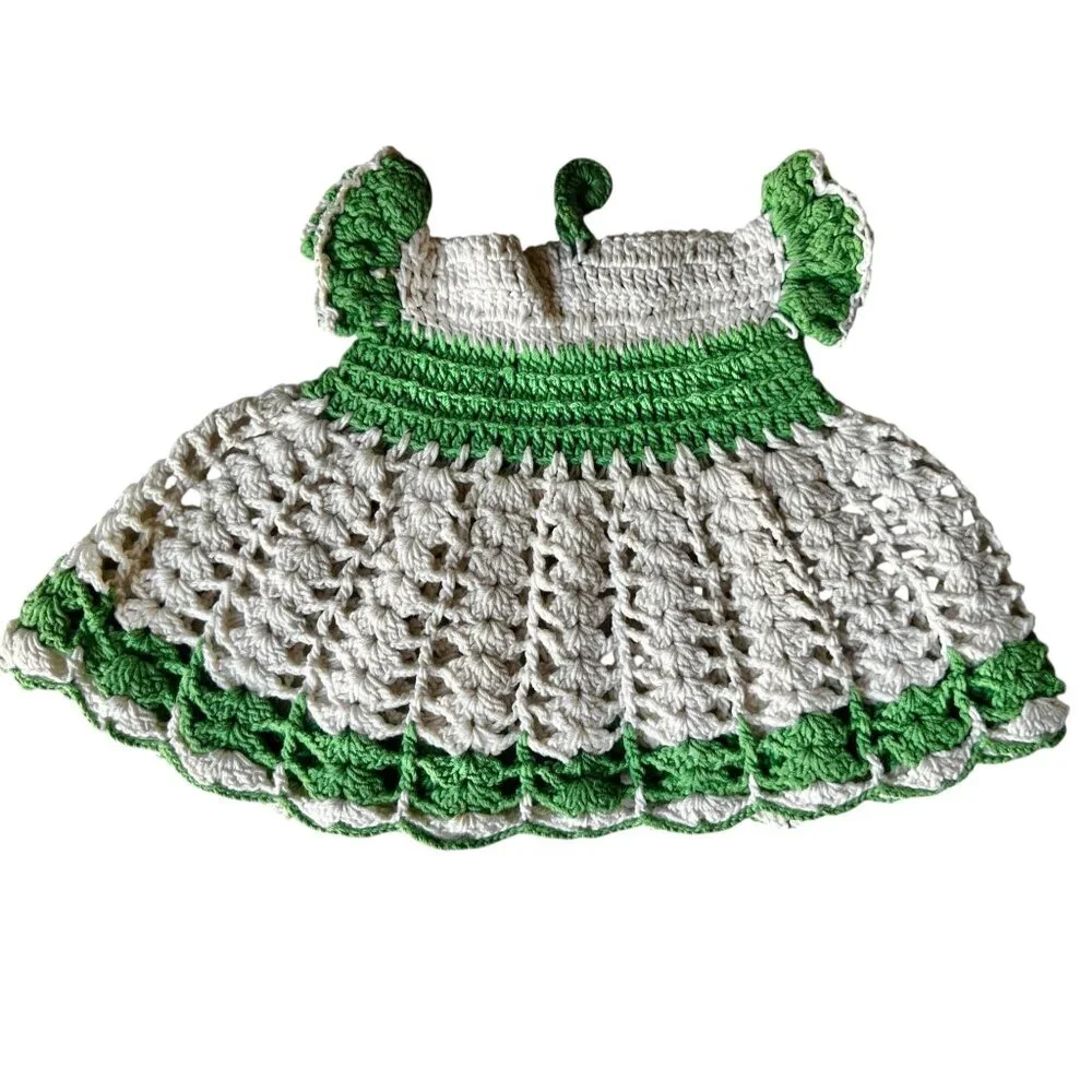 Hand-Crocheted Potholder Red White Hot Pad & Green White Dress with Loop